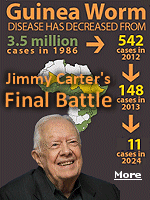 Jimmy Carter, who has died at age 100, spared millions of people from Guinea Worm. Former president Jimmy Carters charity has helped transform Guinea worm from a disease that used to infect millions to one that infects fewer than a dozen. 